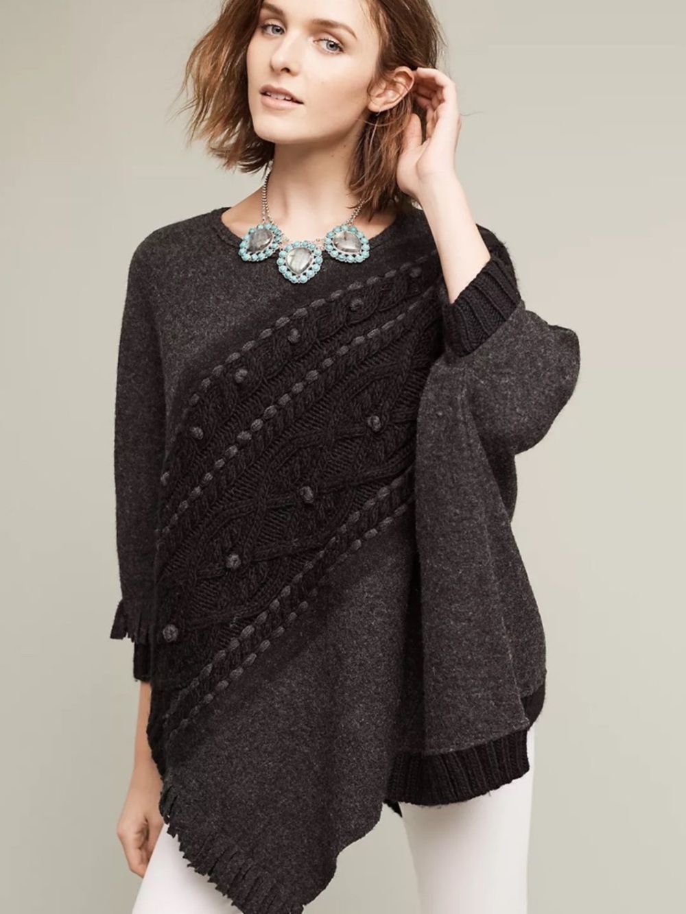 Anthropologie Sleeping on Snow Charcoal Cable-Knit Asymmetric Poncho Sweater